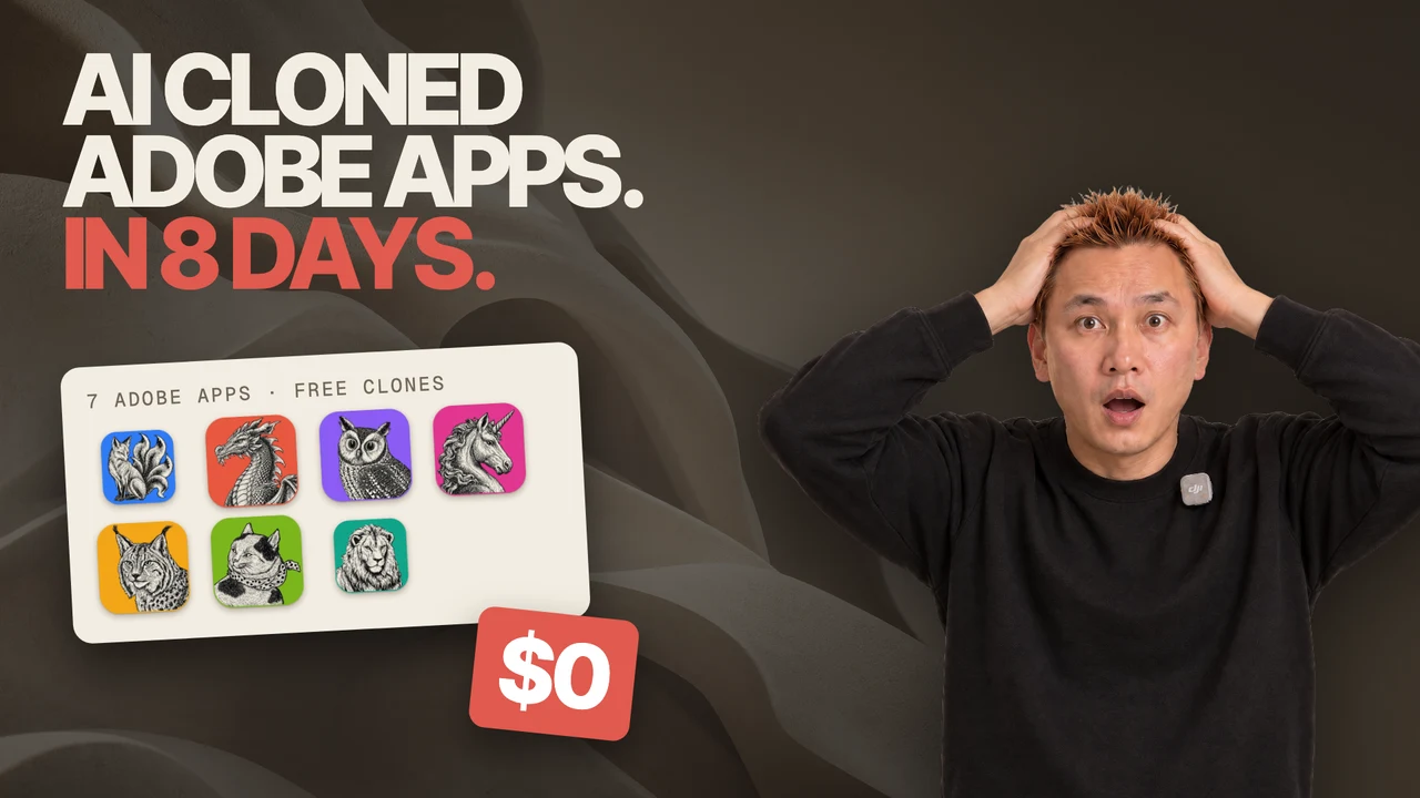 Kurt Loy holding his head beside the headline AI cloned Adobe apps in 8 days, a card of seven animal app icons labelled 7 Adobe apps, free clones, and a $0 price tag