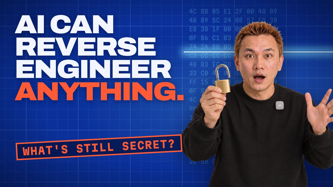 Kurt Loy holding an open padlock beside the headline AI can reverse engineer anything and a tag reading what's still secret, on a blue grid of machine code