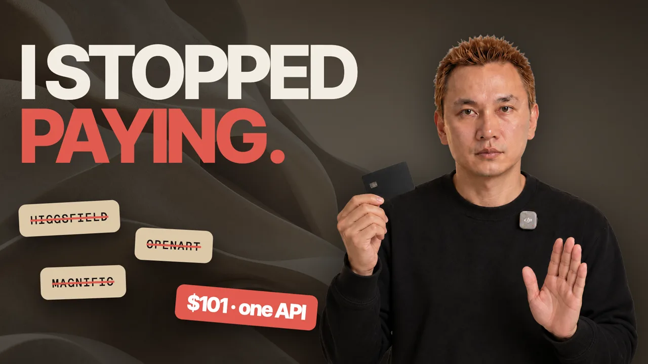 Kurt Loy holding a card beside crossed-out Higgsfield, OpenArt and Magnific logos and the figure $101 for one API