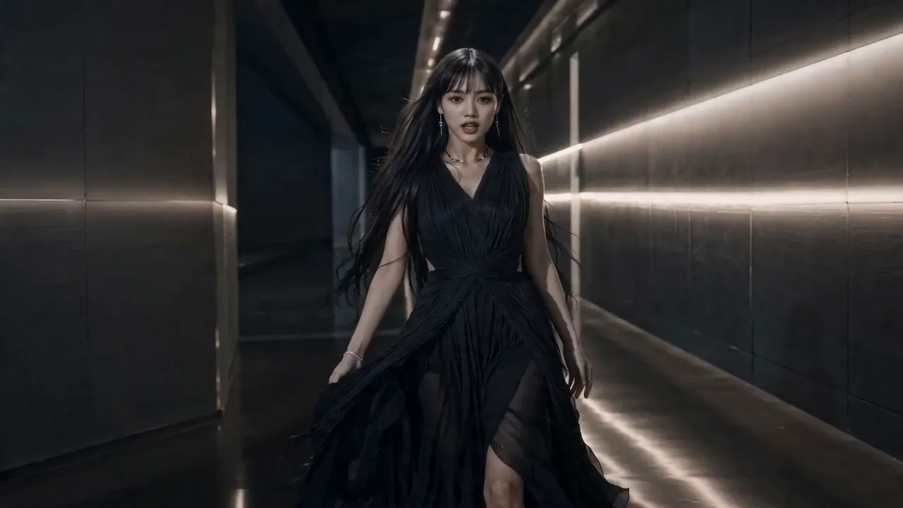 The AI persona in a corridor lit by thin light strips