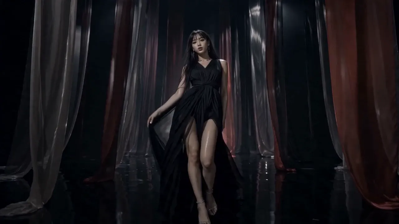 The AI persona in a black gown walking between dark curtains