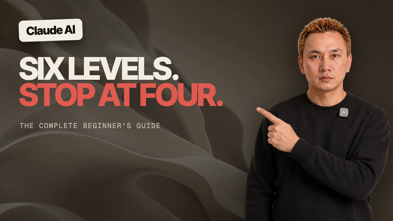 Kurt Loy pointing at the words Six levels. Stop at four. The complete beginner's guide to Claude AI