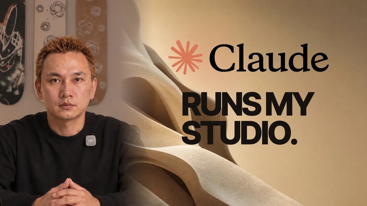 Kurt Loy in his studio next to the Claude logo and the words Claude runs my studio