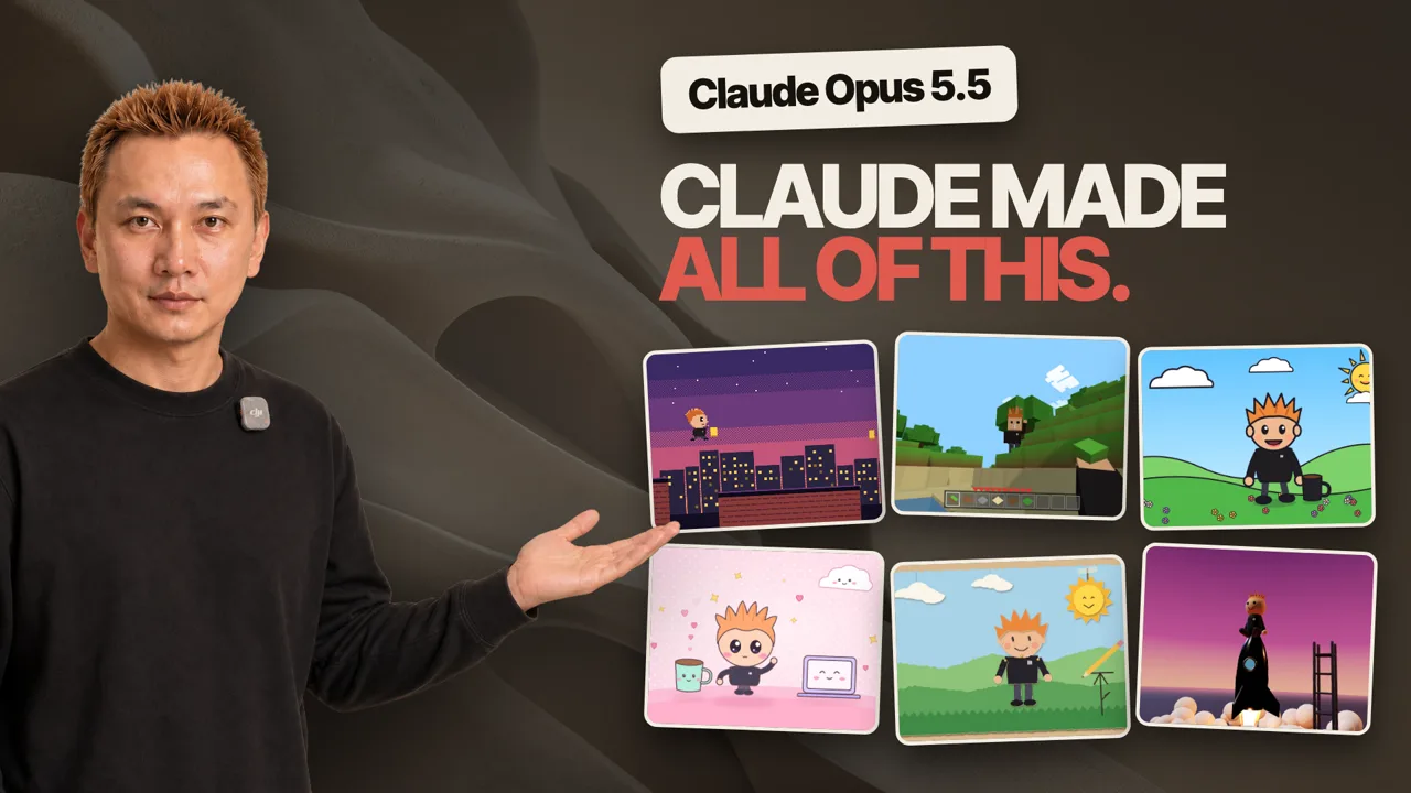 Kurt Loy beside six animated scenes generated by Claude Code, from pixel art to 3D