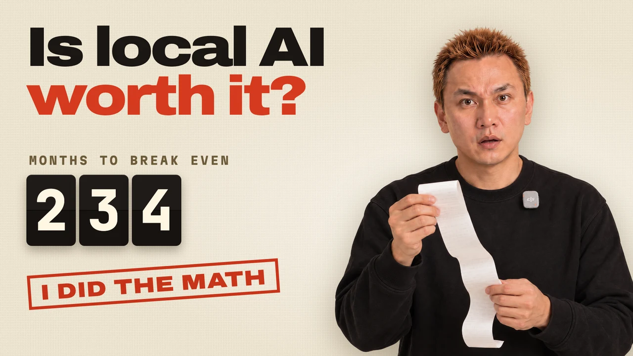 Kurt Loy holding a long receipt beside the headline is local AI worth it, a split-flap counter reading 234 months to break even, and a stamp saying I did the math
