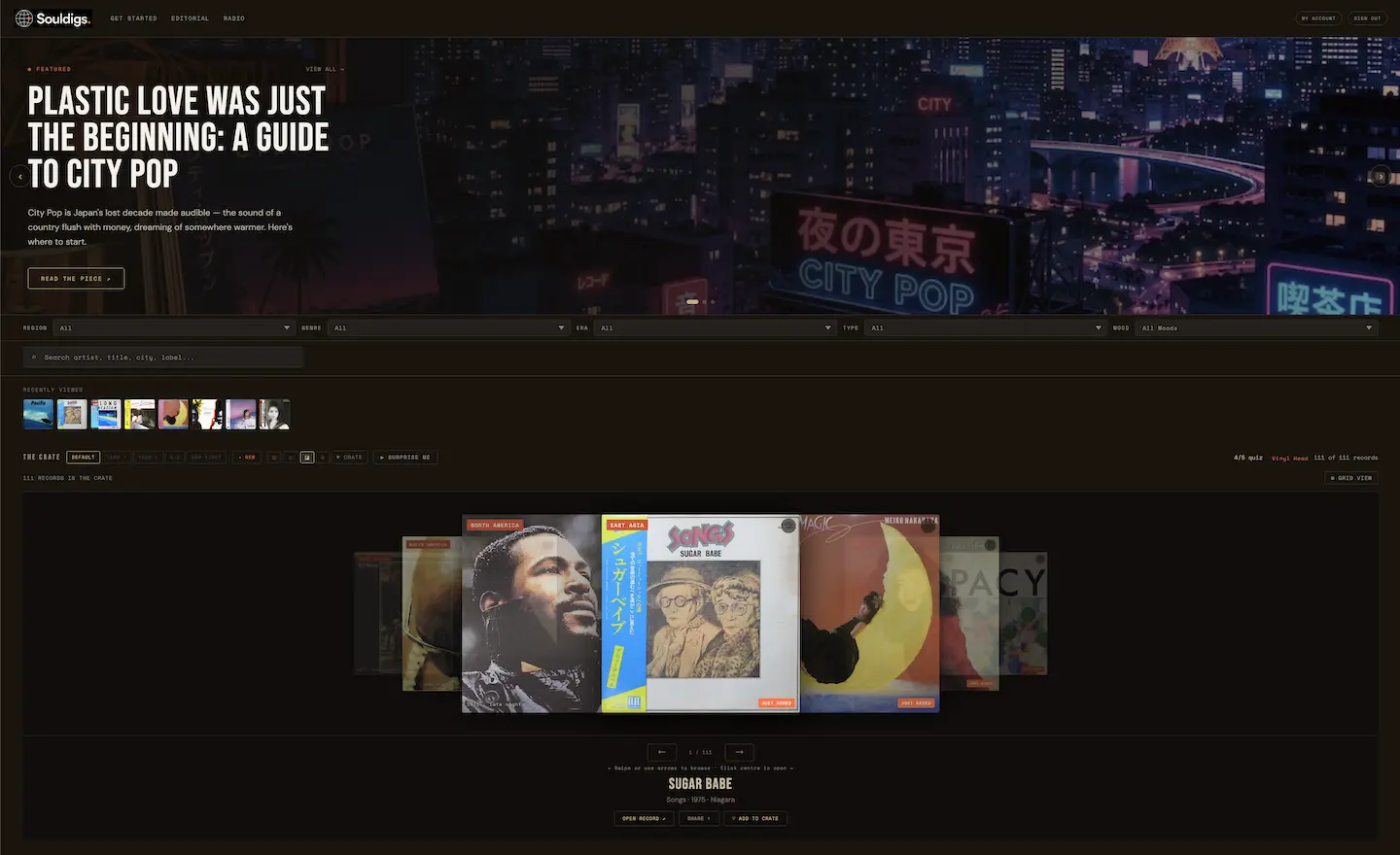 Souldigs platform — vinyl discovery crate browser showing City Pop editorial and record collection