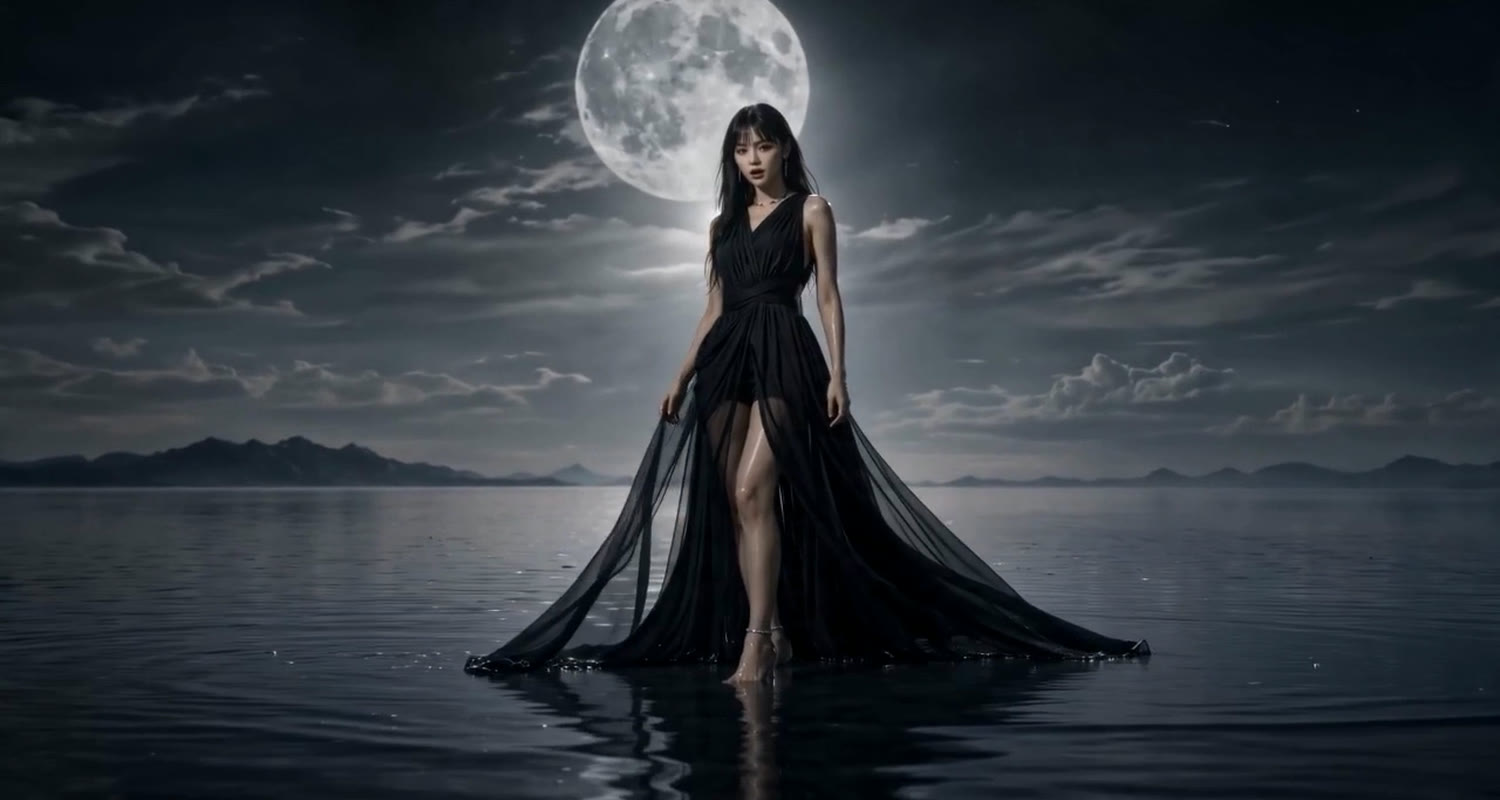 The AI artist persona in a black gown standing on water under a full moon, from a music video