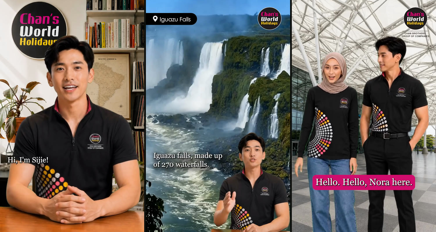 Chan's World Holidays AI travel hosts presenting to camera, at a desk, at Iguazu Falls and as a pair